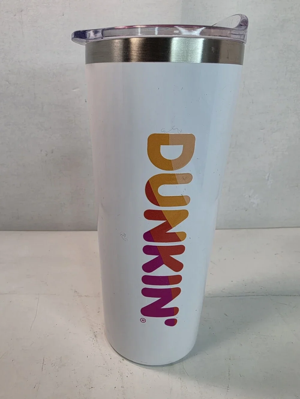 Dunkin' Donuts Classic 20 oz. white stainless steel hot/cold travel tumbler.